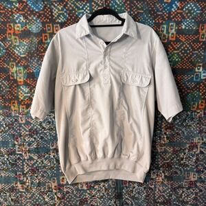 Vintage 70s Short Sleeve Popover Shirt Gray Ribbed Panel Banded Hem Large